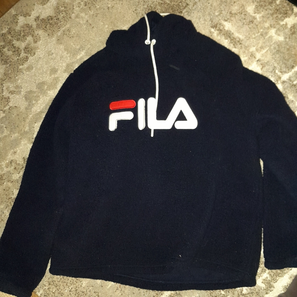 Fila Hooded Navy Sherpa Fleece Pullover Top XXL